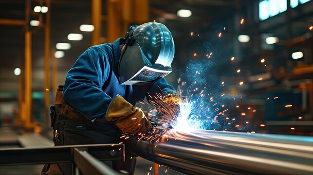 A worker welding shiny silver steel pipes together at a metalworking facility, creating a strong and durable industrial framework.