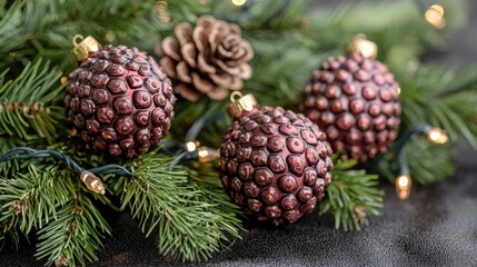 Elegant Festive Christmas Arrangement with Burgundy Ornaments and Pine Branches