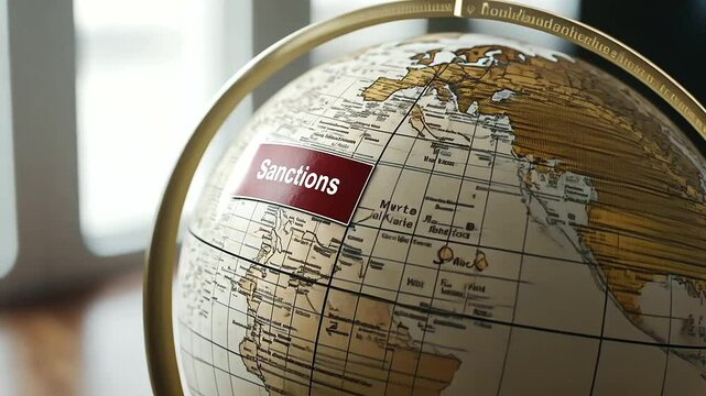 Close-up of a globe labeled with sanctions for a specific country