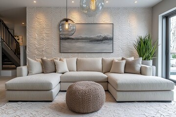 Minimalist Interiors Living room, interior design of the living room with patterned walls and sofa and pendant lighting. Generative AI
