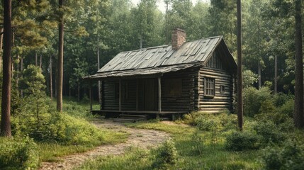 Secluded Log Cabin in a Verdant Forest