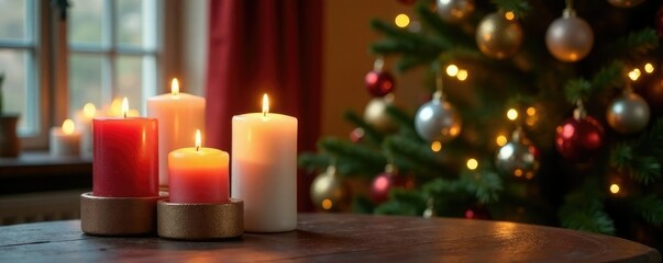 Candles in mercury glass holders near a tall Christmas tree with ornaments, elegant, candlelight, bright