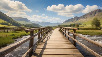 Fototapeta premium A serene landscape featuring a wooden bridge crossing a calm body of water,