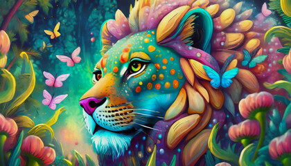 Fototapeta premium oil painting style cartoon character illustration multicolored Lion heads 