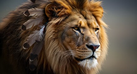 Fototapeta premium Majestic Lion with Feathers: A Symbol of Power and Nature