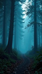 Naklejka premium Dark mist rises from a mystical forest at dusk, fog, eerie