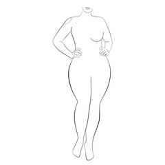 Curvy woman one line drawing on white isolated background. Plus size model, body positive concept