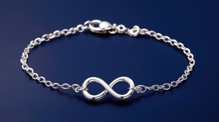 A silver infinity-heart bracelet photographed against a deep blue background
