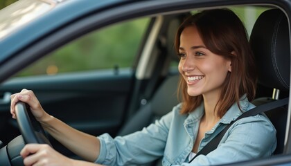 Smiling young woman driving car. Happy female driver holds steering wheel, looks forward with joy. Transportation, travel, lifestyle, people, auto driving concept.