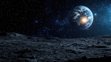 Earthrise over moon landscape