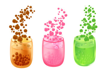 Cute 3D brown, green, pink bubble tea cup set with different flavors isolated, transparent PNG. Bubble milk tea, boba tea decoration with glowing glass texture. Great for menu, delivery price.