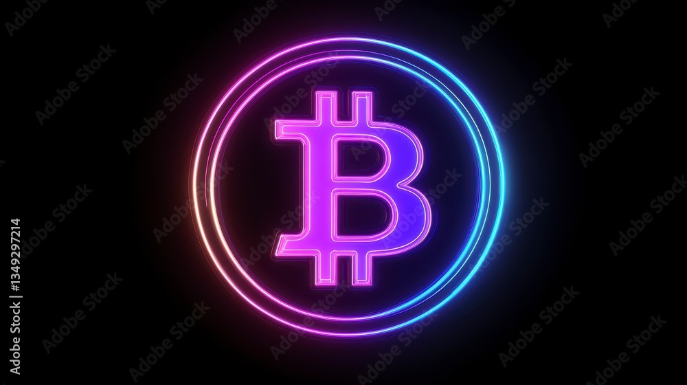 Poster glowing neon bitcoin symbol in a circle on a black background.