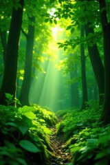 Obraz premium Dense foliage with sunlight filtering through leaves, forest, nature, green