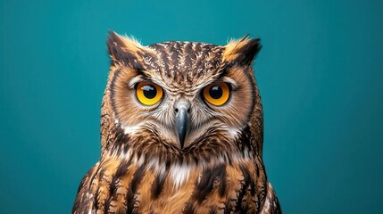 Fototapeta premium Realistic Eurasian EagleOwl sitting with intense stare, large and powerful, filmed in high detail on a green screen for VFX use