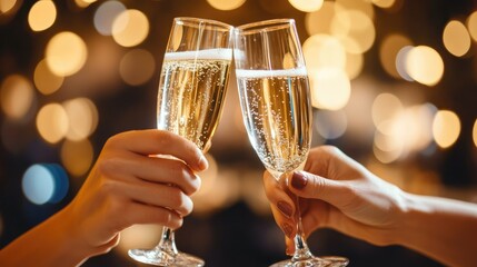 Two people toasting with champagne glasses in a close-up shot, their hands elegantly holding the glasses as they celebrate at a festive gathering. The background is blurred for focus.
