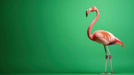Realistic Flamingo standing on one leg, elegant pink plumage, long curved neck, filmed against a green backdrop for video production
