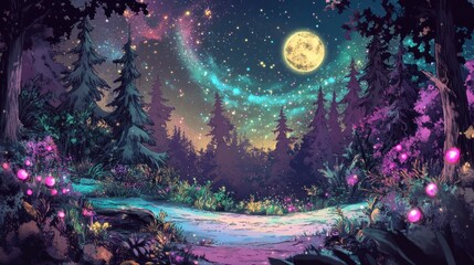 Enchanted night landscape with glowing flora and moonlit forest scene