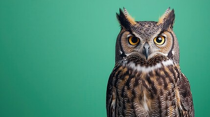 Obraz premium Realistic Great Horned Owl sitting calmly, large ear tufts, deep yellow eyes, filmed for compositing against a green backdrop