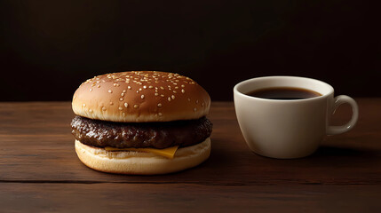Close-up shot of a gourmet hamburger and a freshly brewed cup of black coffee, arranged on a rustic wooden table. The image captures the textures and details of the food and drink