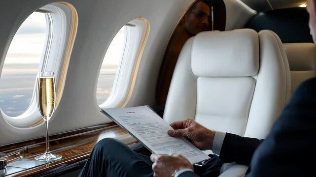 Businessman Reviewing Documents on a Private Jet