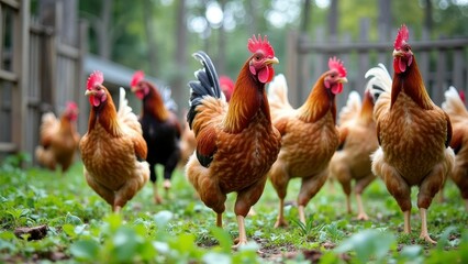 Flock of roosters and hens freely roaming in green pasture