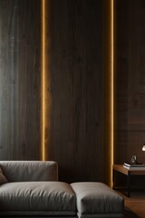 Dark wood wall with light accents and couch