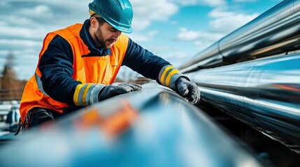 A construction worker in safety gear inspecting shiny silver steel pipes on a site, preparing to install them as part of an industrial project.