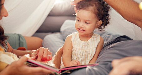 Tent, parents and reading with child in home for bonding together, story time and connection with...