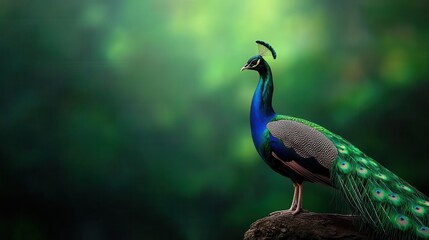 Obraz premium Realistic Peacock standing with tail closed, rich iridescent feathers, filmed for special effects on a green screen
