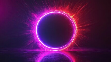 A dark background with a luminous, glowing neon circle in vibrant red and purple tones, surrounded by soft glowing radiations that create a stunning geometric visual.