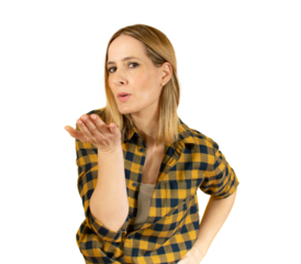 portrait of beautiful woman in plaid shirt sending an air kiss isolated over transparent background. PNG transparent