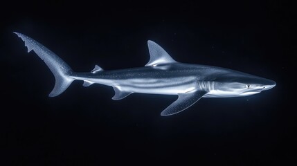 Fototapeta premium A solitary deep-sea shark illuminated by bioluminescent creatures in the dark ocean