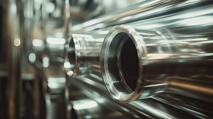 Naklejka premium A detailed shot of polished silver steel pipes, showing the sleek texture and strength of the metal, ready for use in construction or factory applications.