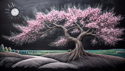 Cherry blossom tree drawn with chalk on a blackboard　黒板にチョークで描いた桜の木