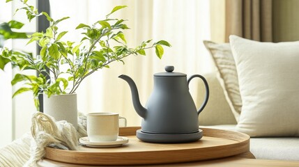 A sophisticated matte gray gooseneck kettle designed for precise coffee brewing sitting on a wooden tray
