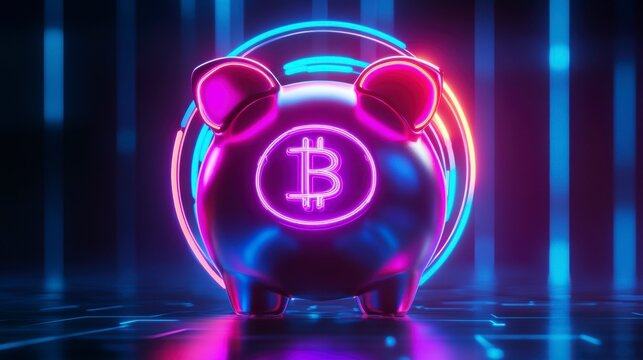 Futuristic piggy bank with Bitcoin symbol, glowing neon lights.