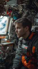 Obraz premium Young Russian astronaut gazes out of the space station at Earth from a close-up perspective