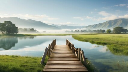 A serene landscape featuring a wooden bridge crossing a calm body of water,