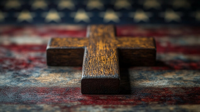 A Christian religious holiday in the USA. Vintage Wooden cross on the background of the US flag.
