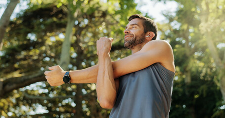Active, man and stretching as runner outdoor with cardio exercise, training and marathon. Below,...