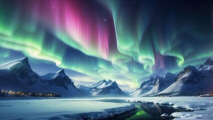 Naklejka premium A stunning nighttime scene featuring the northern lights (aurora borealis) swirling in vibrant green hues against a starry sky.