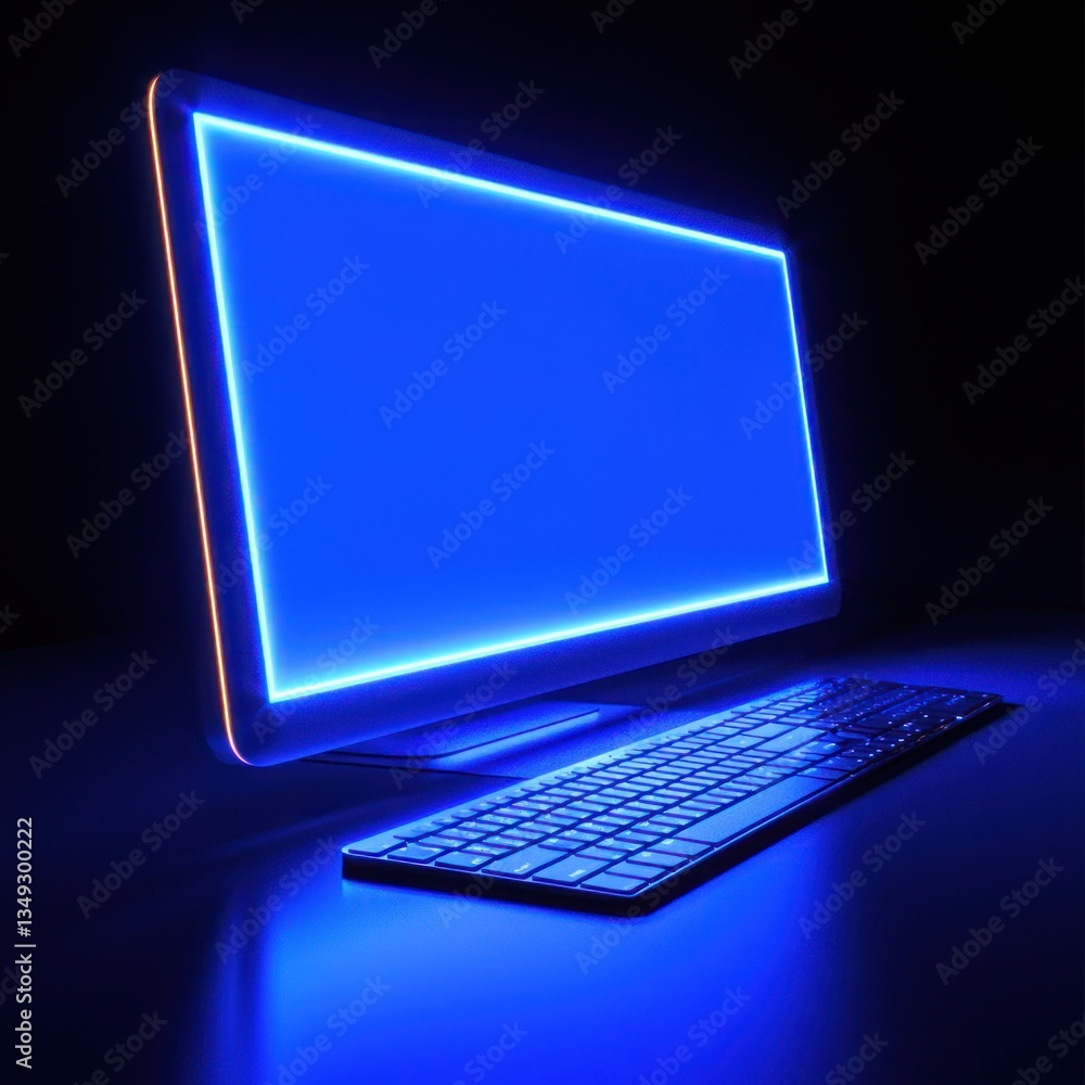 Poster modern glowing computer display with neon blue screen and stylish keyboard