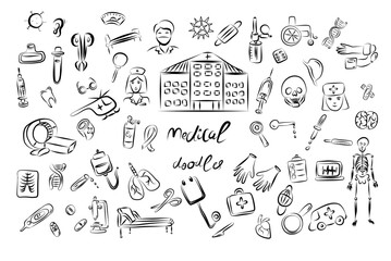 Medical doodle. Healthcare and medicine, medical exam, hospital, doctor, nurse, stethoscope, ambulance. Hand drawn vector isolated set.