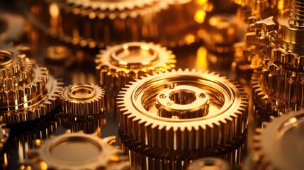 A stack of polished brass gears neatly arranged on a dark reflective surface