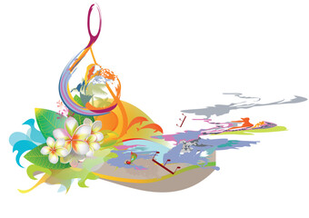 Abstract musical design with a treble clef and colorful splashes, notes and waves.  Colorful treble clef. Hand drawn vector illustration.