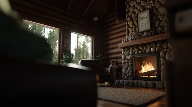 Cozy log cabin living room with fireplace