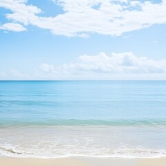 Fototapeta premium Serene Beach Ocean Seascape: Calm Water, Blue Sky, White Clouds