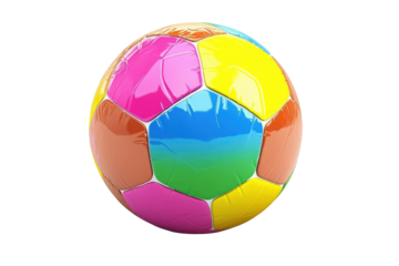 A brightly colored soccer ball features vivid hexagonal panels in pink, yellow, orange, and blue. It is well-suited for energetic outdoor games and sports activities