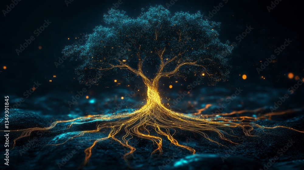 Poster Glowing tree with intricate roots and sparks.