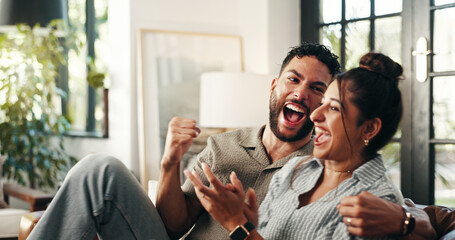 Home, cheering and couple watching sports on sofa with subscription service for bonding. Happy, relax and man with woman for streaming football or soccer for entertainment together in house.
